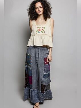 POL Patchwork Maxi Bohemian Skirt in Gray with Multicolor Panels Ruffle Hem Sz L